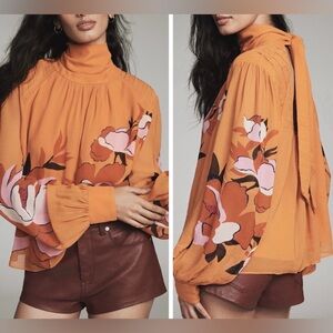 Farm Rio Floral Print Puff-Sleeve Blouse, Size M